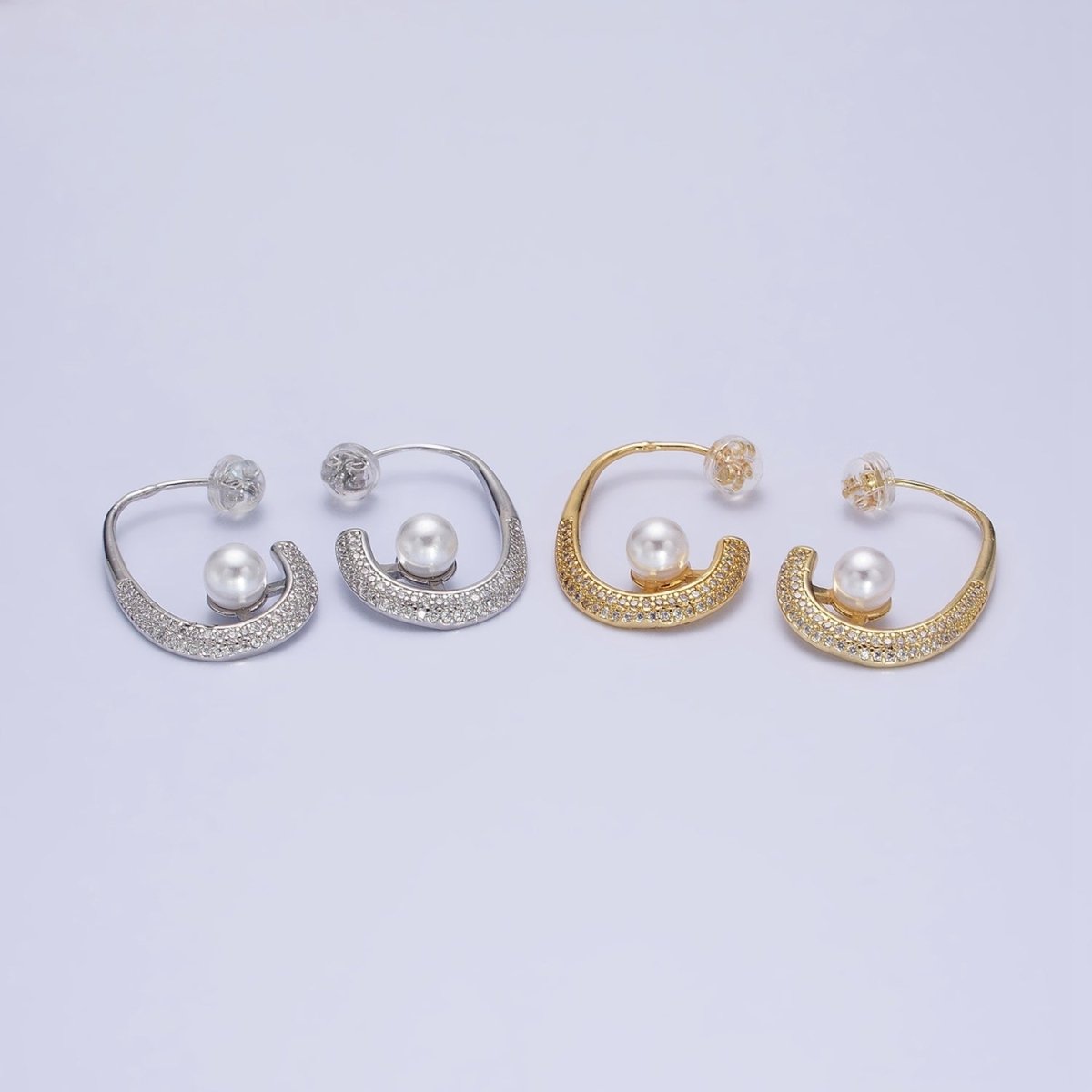 16K Gold Filled Micro Paved CZ Pearl J-Shaped Hoop Earrings in Gold & Silver | AD871 AD872 - DLUXCA