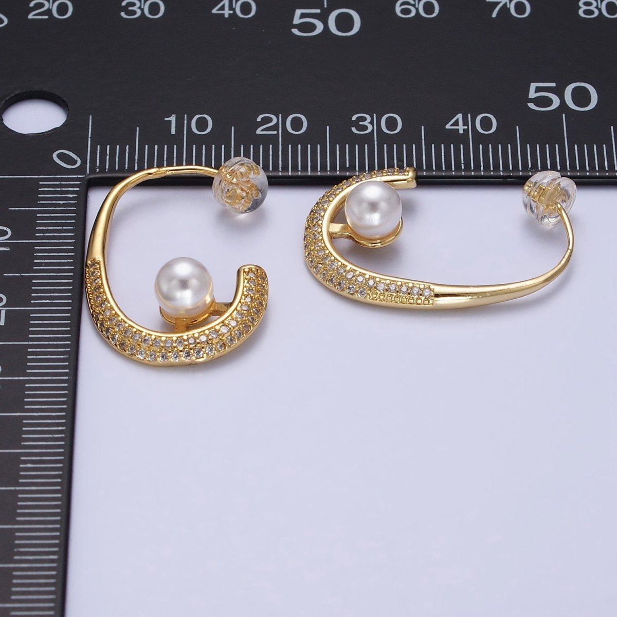 16K Gold Filled Micro Paved CZ Pearl J-Shaped Hoop Earrings in Gold & Silver | AD871 AD872 - DLUXCA