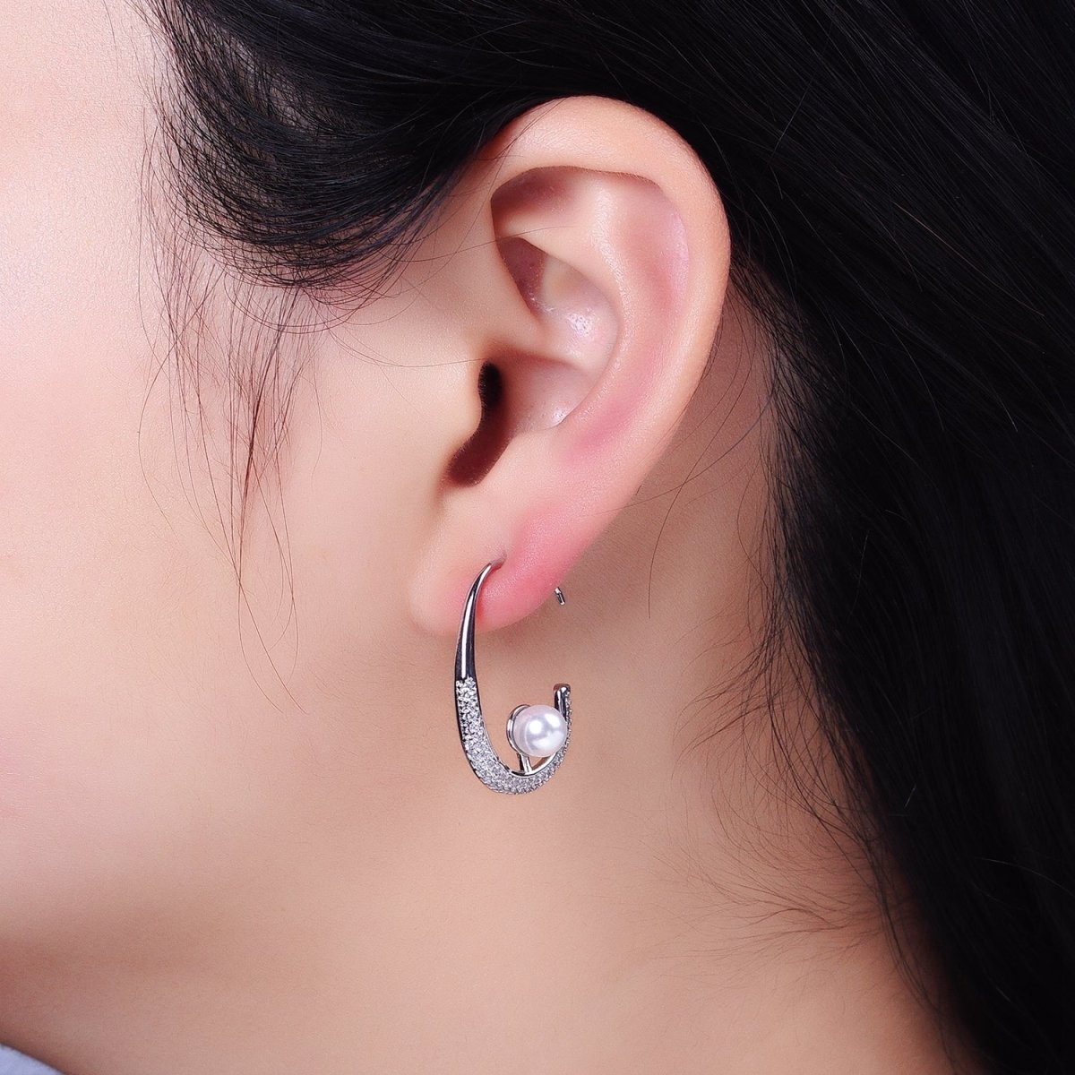 16K Gold Filled Micro Paved CZ Pearl J-Shaped Hoop Earrings in Gold & Silver | AD871 AD872 - DLUXCA