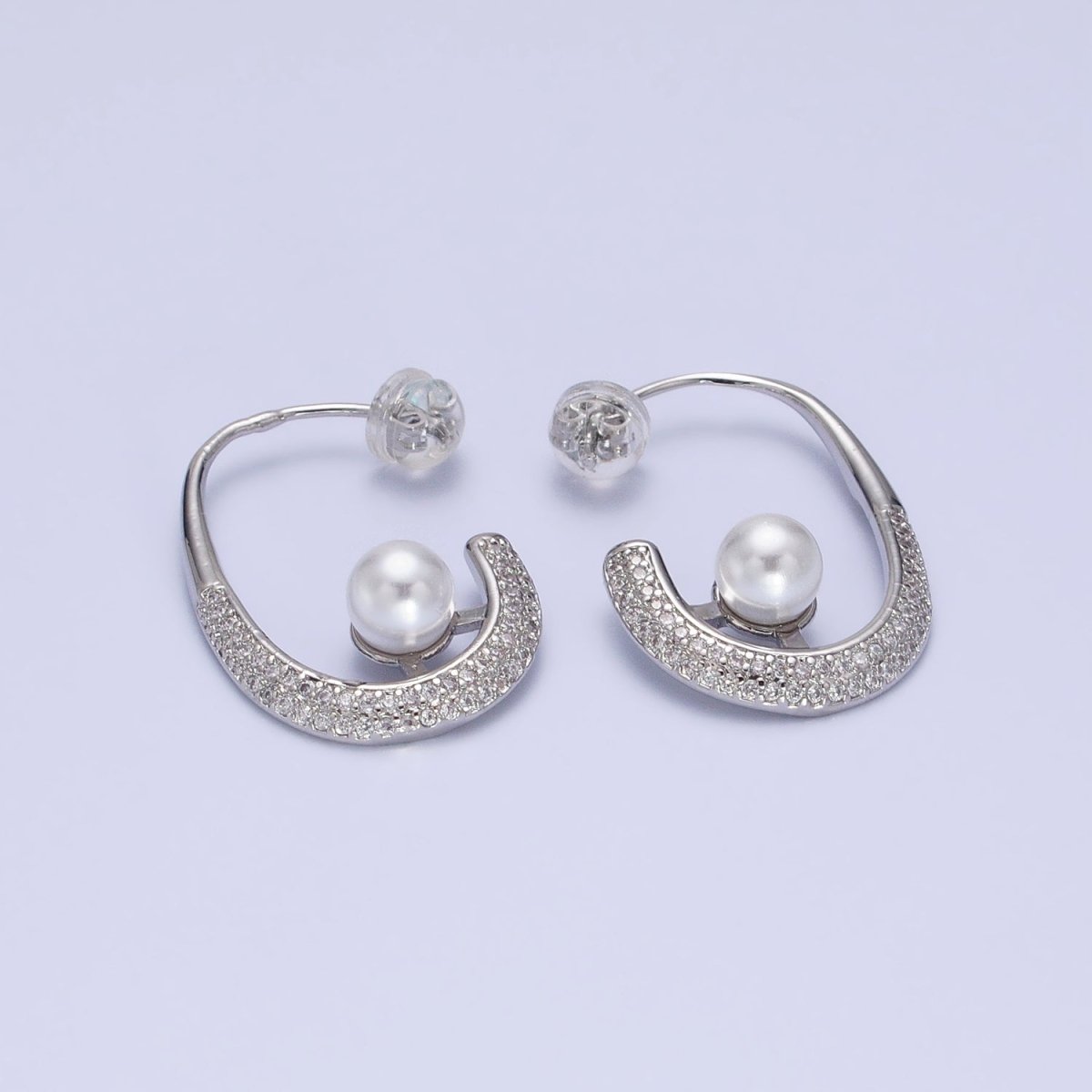 16K Gold Filled Micro Paved CZ Pearl J-Shaped Hoop Earrings in Gold & Silver | AD871 AD872 - DLUXCA