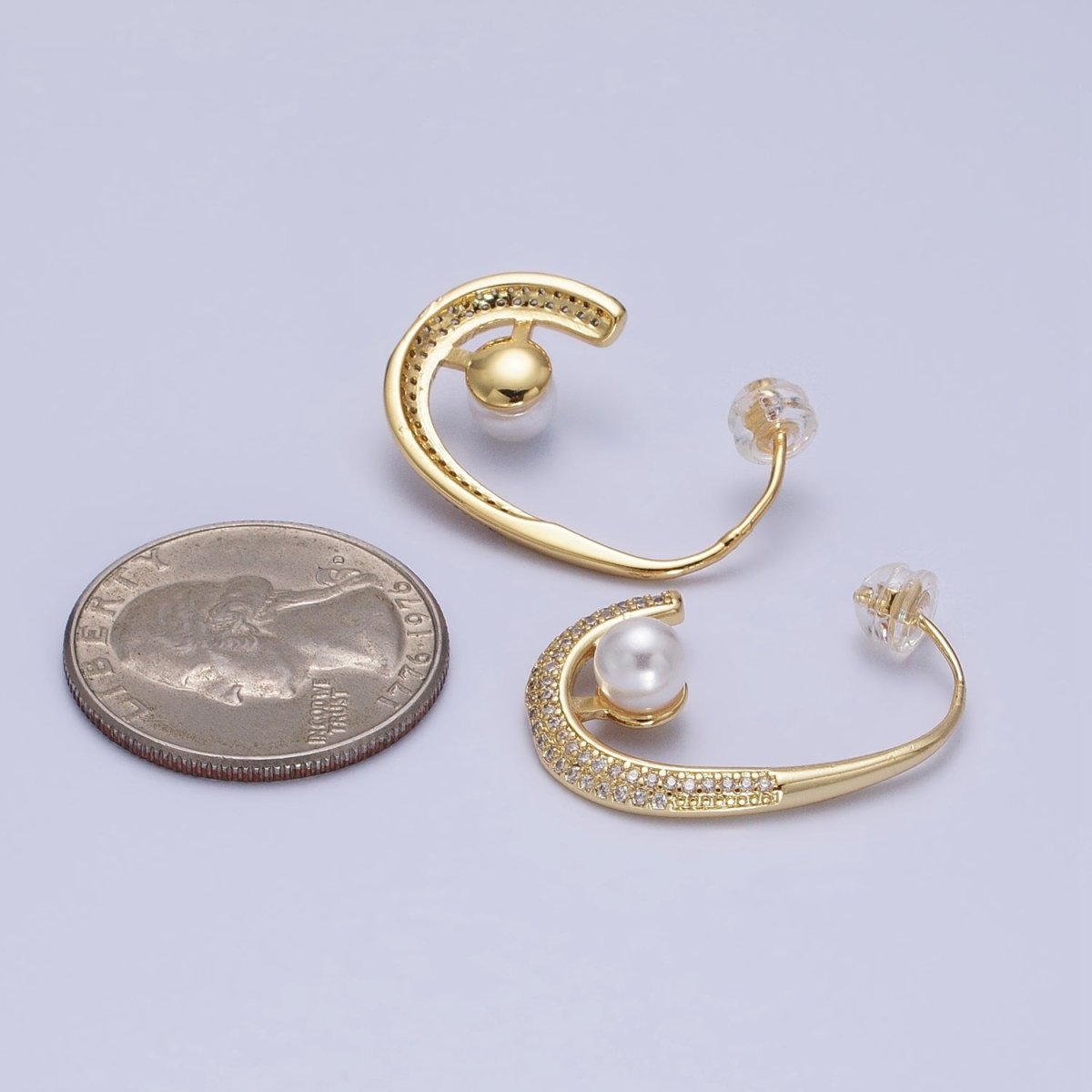 16K Gold Filled Micro Paved CZ Pearl J-Shaped Hoop Earrings in Gold & Silver | AD871 AD872 - DLUXCA