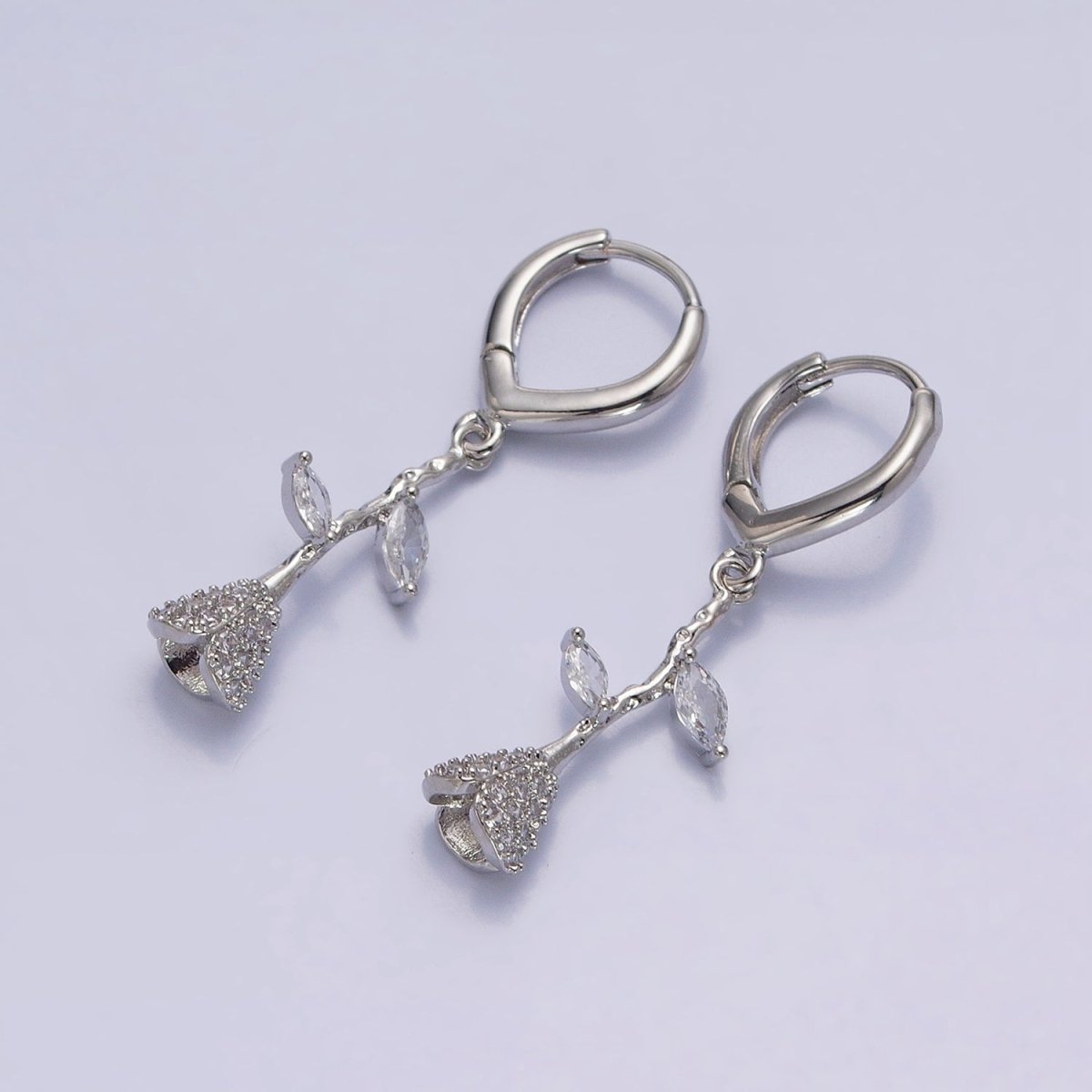 16K Gold Filled Micro Paved CZ Rose Flower Marquise Leaf Drop Triangle Huggie Earrings in Gold & Silver | AB1417 AB1418 - DLUXCA