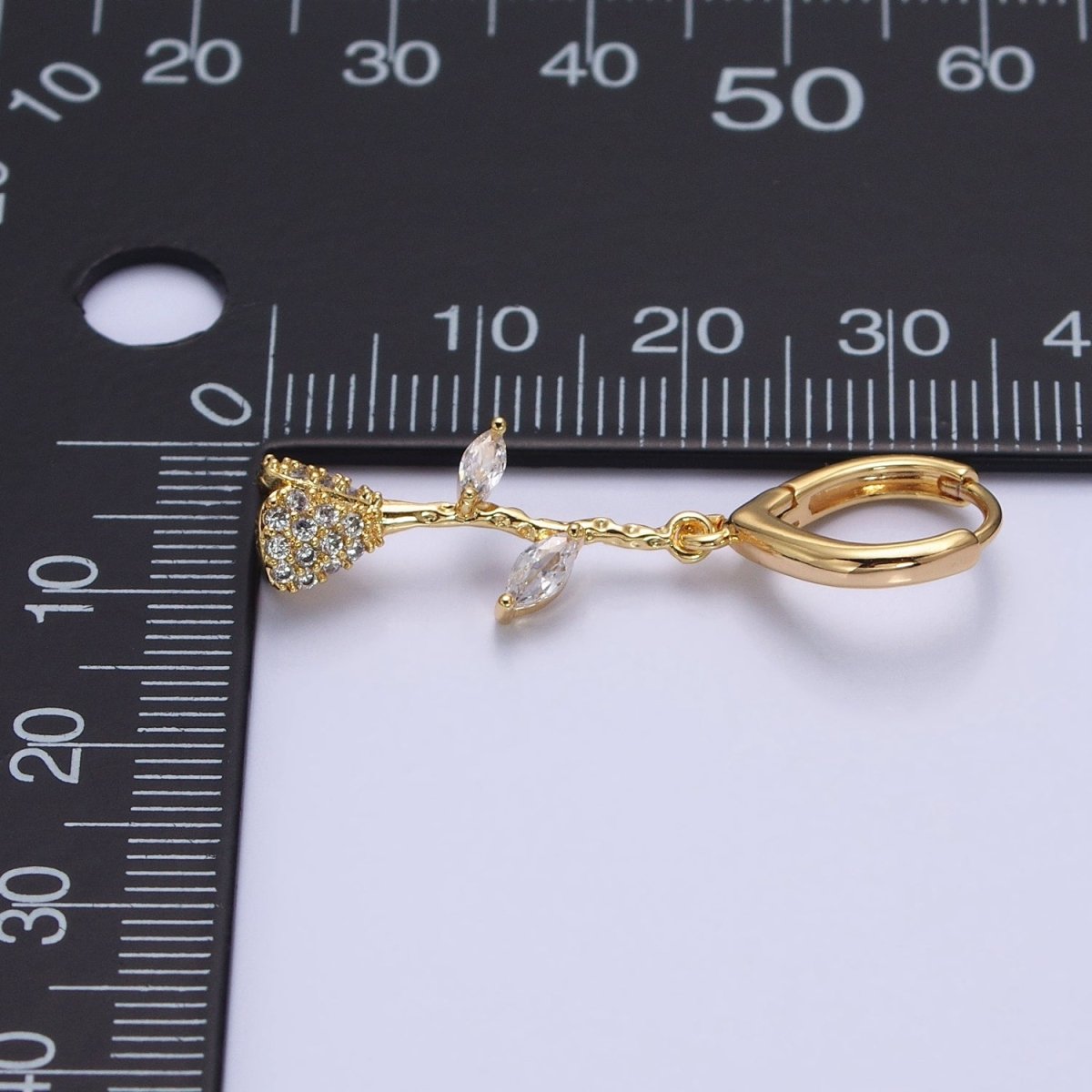 16K Gold Filled Micro Paved CZ Rose Flower Marquise Leaf Drop Triangle Huggie Earrings in Gold & Silver | AB1417 AB1418 - DLUXCA