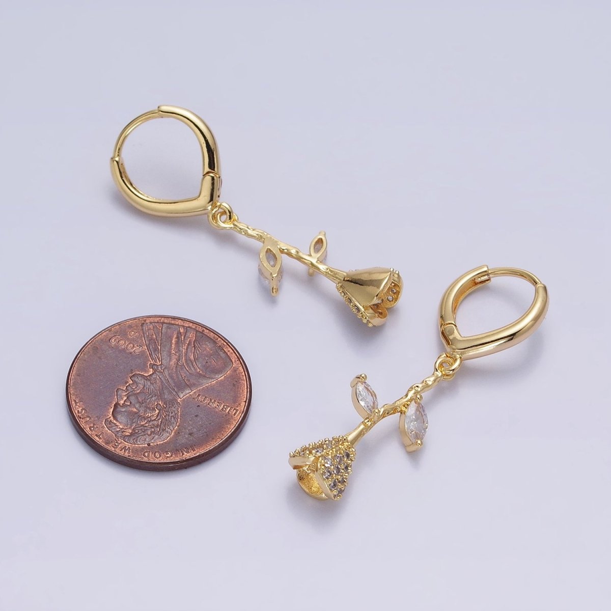 16K Gold Filled Micro Paved CZ Rose Flower Marquise Leaf Drop Triangle Huggie Earrings in Gold & Silver | AB1417 AB1418 - DLUXCA
