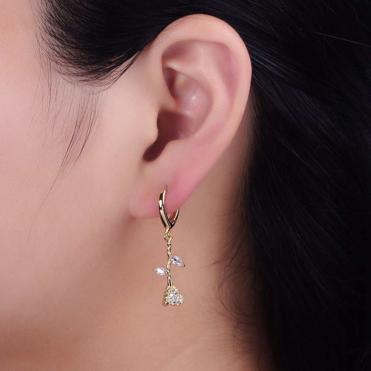 16K Gold Filled Micro Paved CZ Rose Flower Marquise Leaf Drop Triangle Huggie Earrings in Gold & Silver | AB1417 AB1418 - DLUXCA