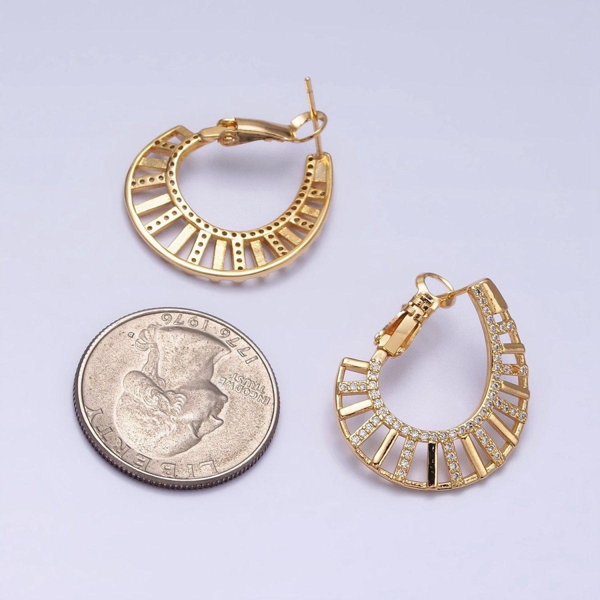 16K Gold Filled Micro Paved CZ Wide Bar Front-Facing Hinge Hoop Earrings in Gold & Silver | AD1106 AD1107 - DLUXCA