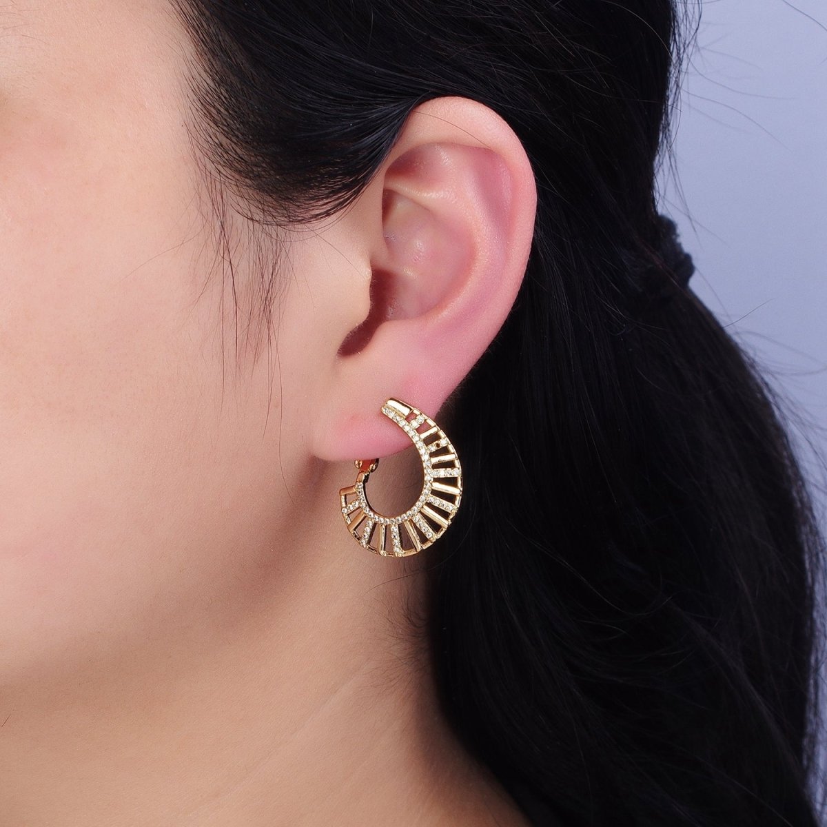 16K Gold Filled Micro Paved CZ Wide Bar Front-Facing Hinge Hoop Earrings in Gold & Silver | AD1106 AD1107 - DLUXCA