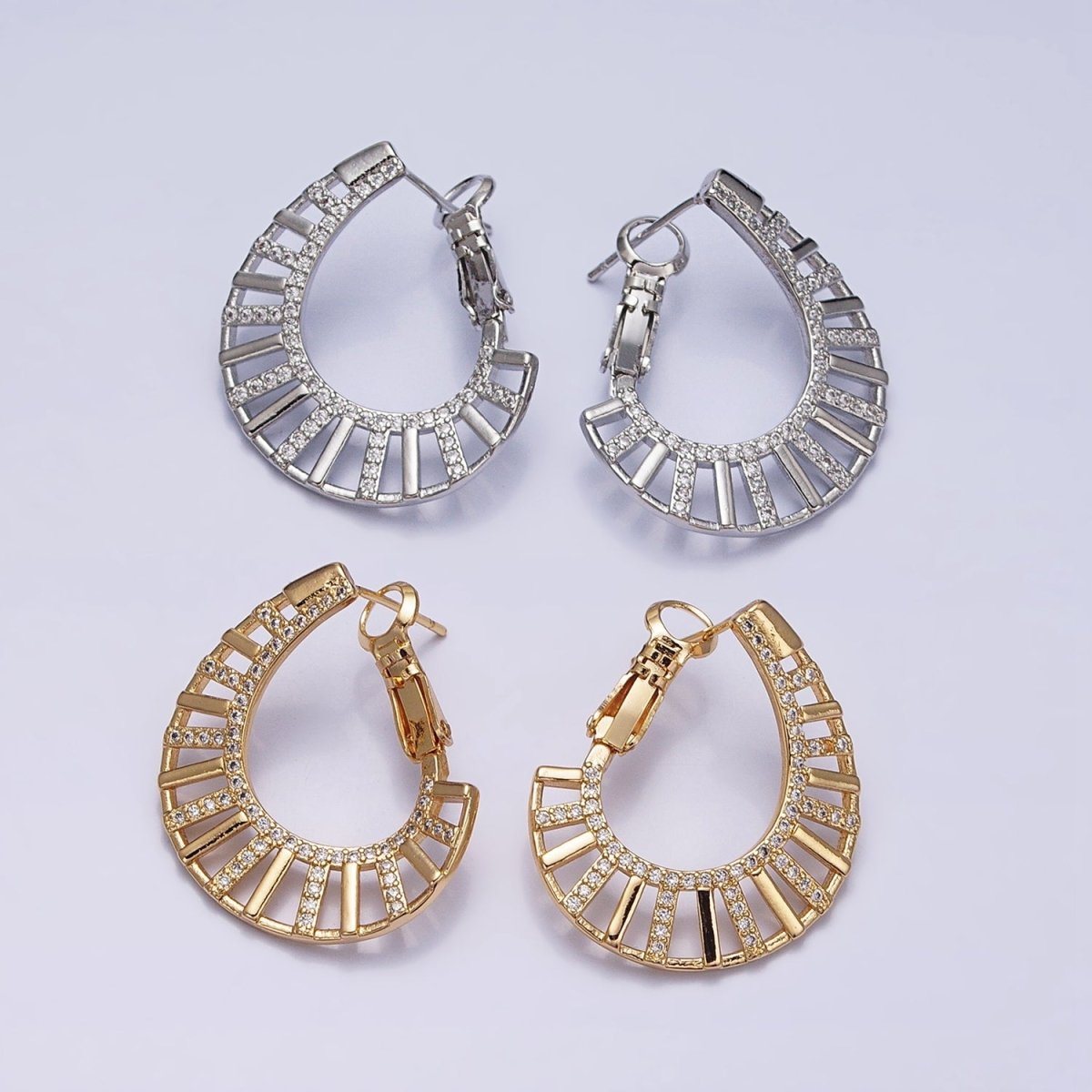 16K Gold Filled Micro Paved CZ Wide Bar Front-Facing Hinge Hoop Earrings in Gold & Silver | AD1106 AD1107 - DLUXCA