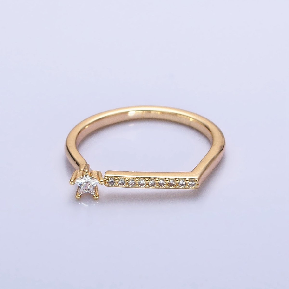 16K Gold Filled Micro Paved Flat Bar Celestial Star CZ Open Adjustable Ring in Gold & Silver | O-1906 O-1907 - DLUXCA