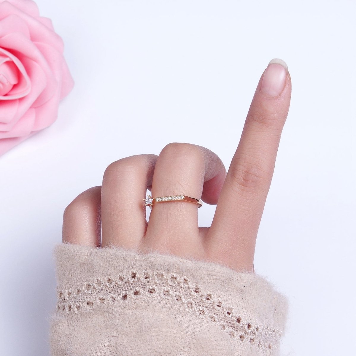 16K Gold Filled Micro Paved Flat Bar Celestial Star CZ Open Adjustable Ring in Gold & Silver | O-1906 O-1907 - DLUXCA