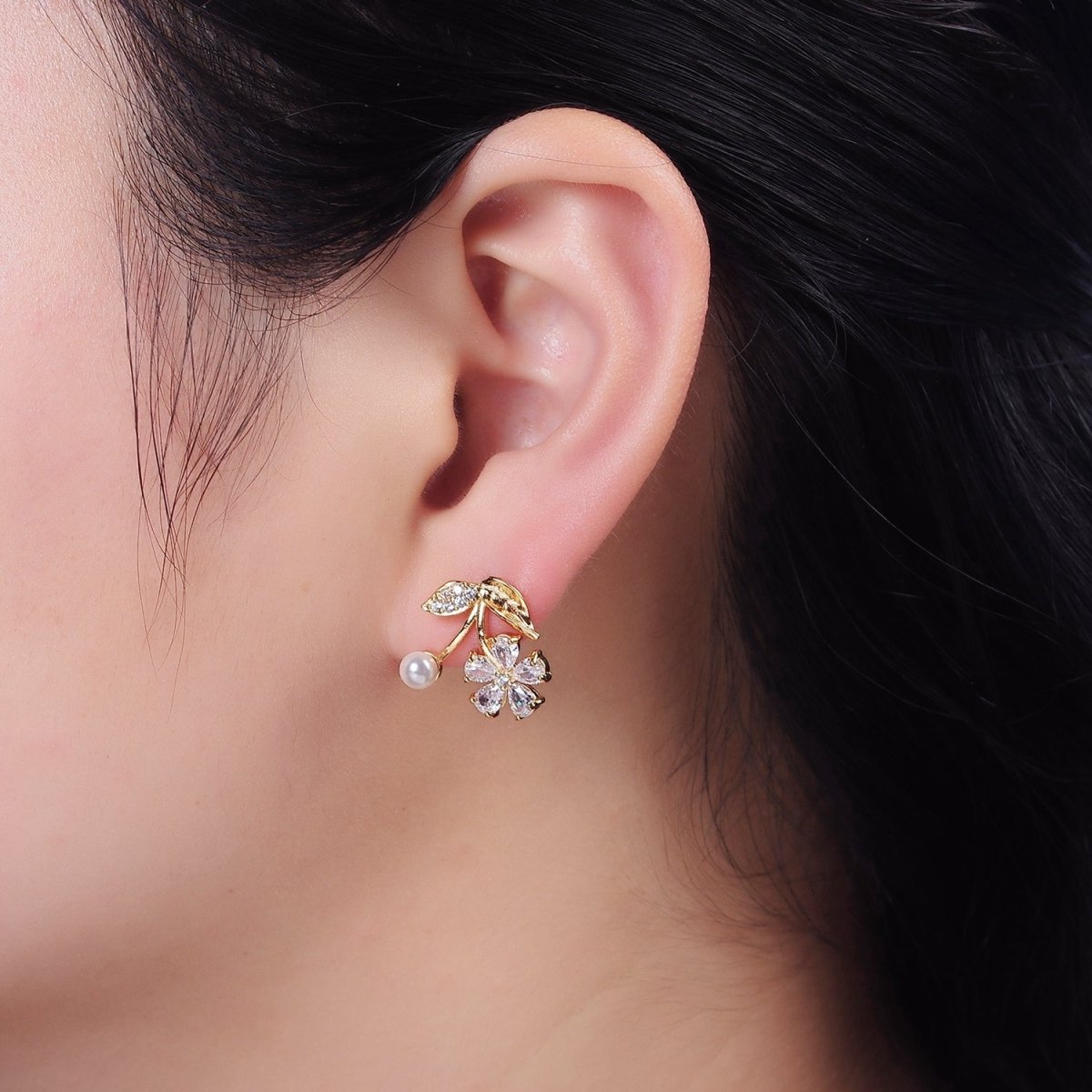 16K Gold Filled Micro Paved Flower Clear Teardrop CZ Pearl Cherry Stud Earrings | AE843 - DLUXCA