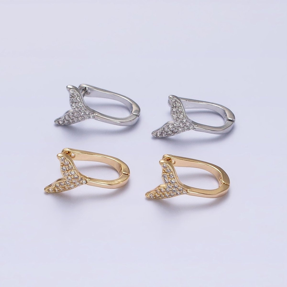 16K Gold Filled Micro Paved Ocean Tail 13mm English Lock Earrings in Gold & Silver | AB1491 AB1492 - DLUXCA