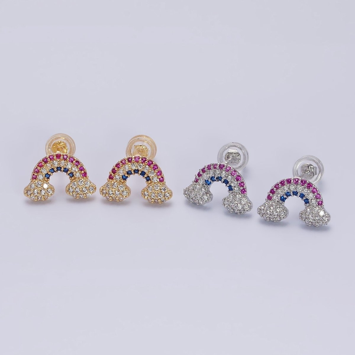 16K Gold Filled Mini Rainbow Weather Multicolor Micro Paved CZ Stud Earrings in Gold & Silver | AD950 AD951 - DLUXCA