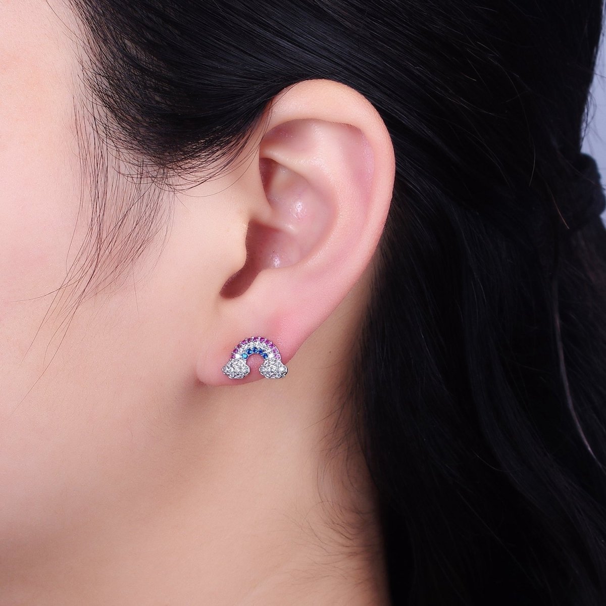16K Gold Filled Mini Rainbow Weather Multicolor Micro Paved CZ Stud Earrings in Gold & Silver | AD950 AD951 - DLUXCA