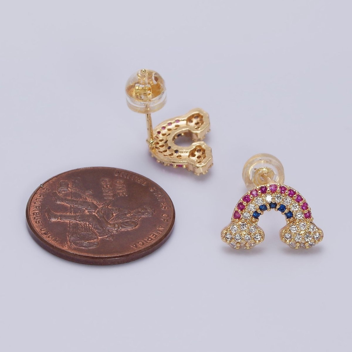 16K Gold Filled Mini Rainbow Weather Multicolor Micro Paved CZ Stud Earrings in Gold & Silver | AD950 AD951 - DLUXCA