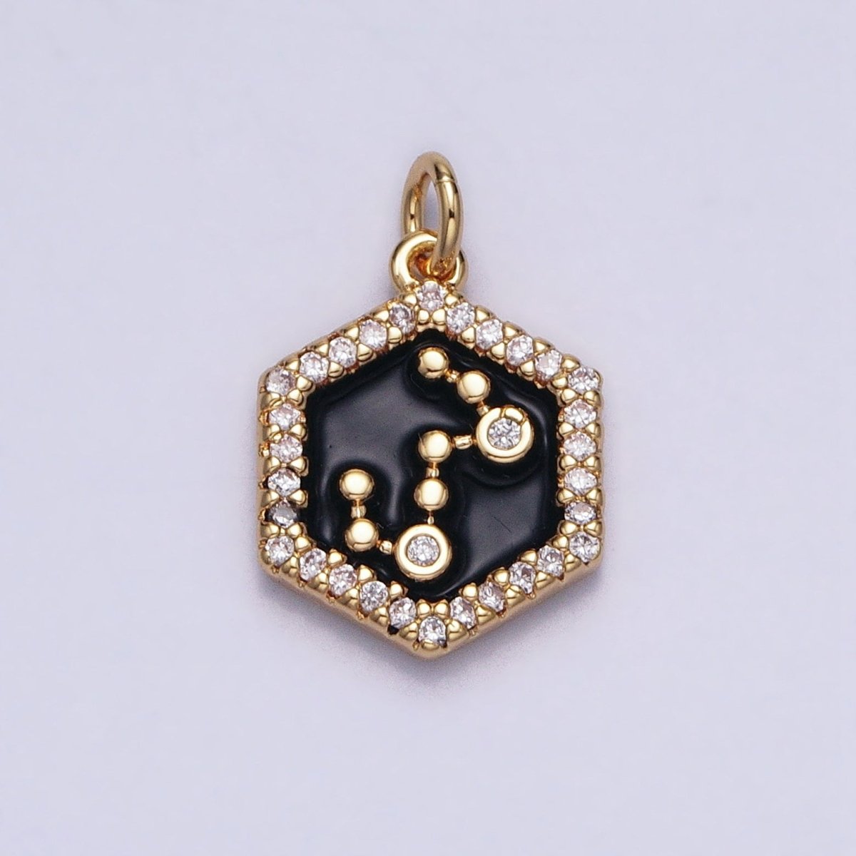 16K Gold Filled Mini Zodiac Sign Birth Star Constellation Black Enamel Hexagonal Hammered Add-On Charm | AD395 - AD406 - DLUXCA