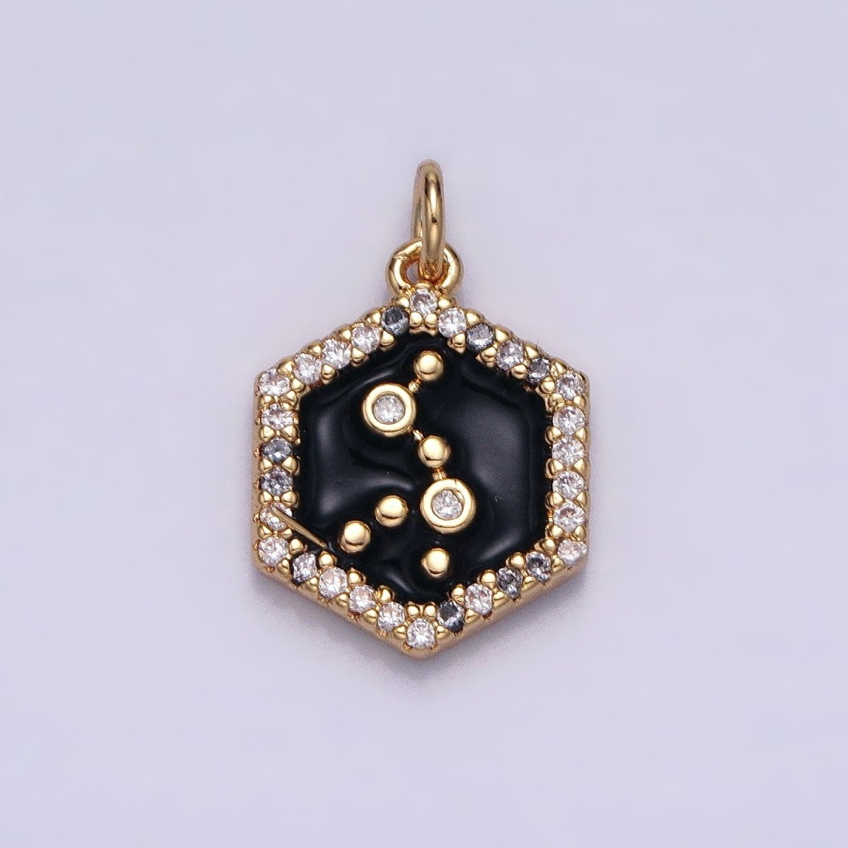 16K Gold Filled Mini Zodiac Sign Birth Star Constellation Black Enamel Hexagonal Hammered Add-On Charm | AD395 - AD406 - DLUXCA