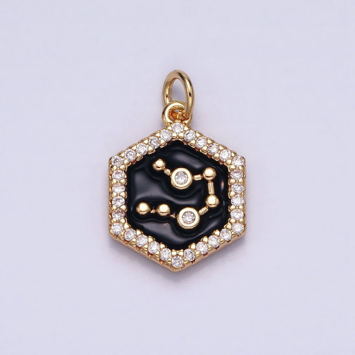 16K Gold Filled Mini Zodiac Sign Birth Star Constellation Black Enamel Hexagonal Hammered Add-On Charm | AD395 - AD406 - DLUXCA