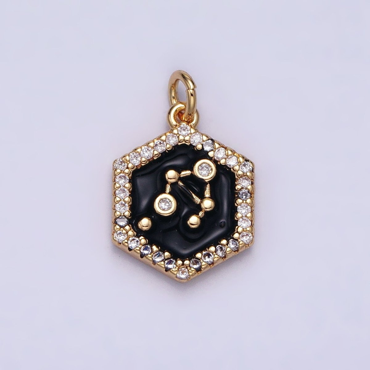 16K Gold Filled Mini Zodiac Sign Birth Star Constellation Black Enamel Hexagonal Hammered Add-On Charm | AD395 - AD406 - DLUXCA