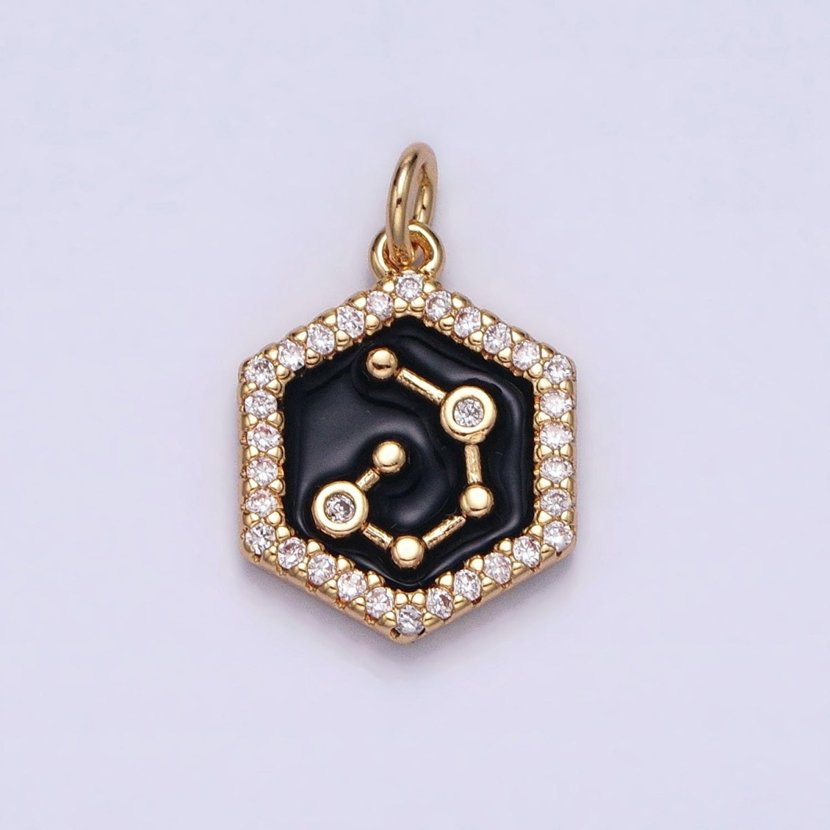 16K Gold Filled Mini Zodiac Sign Birth Star Constellation Black Enamel Hexagonal Hammered Add-On Charm | AD395 - AD406 - DLUXCA