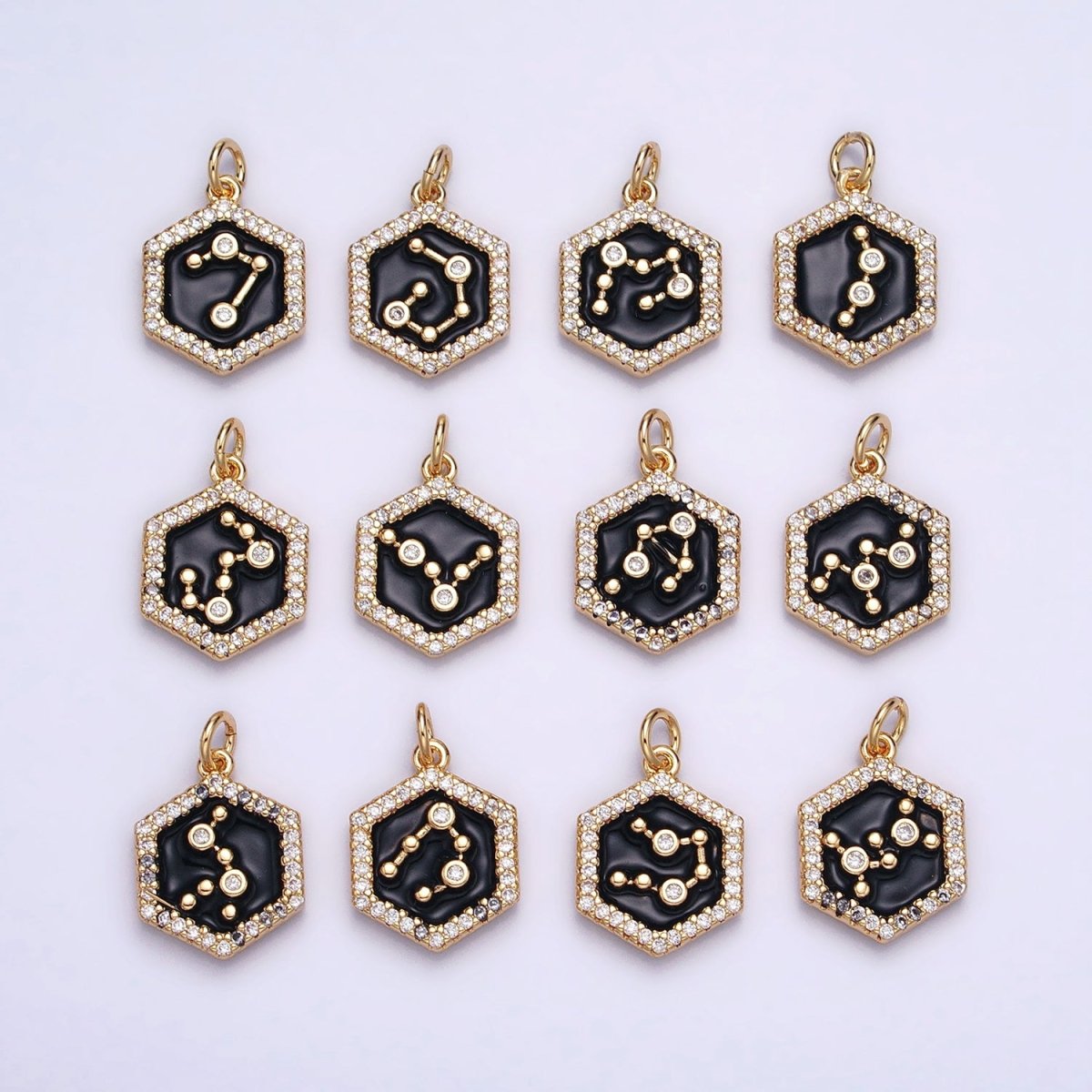 16K Gold Filled Mini Zodiac Sign Birth Star Constellation Black Enamel Hexagonal Hammered Add-On Charm | AD395 - AD406 - DLUXCA