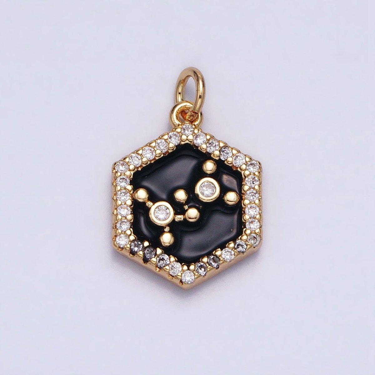 16K Gold Filled Mini Zodiac Sign Birth Star Constellation Black Enamel Hexagonal Hammered Add-On Charm | AD395 - AD406 - DLUXCA