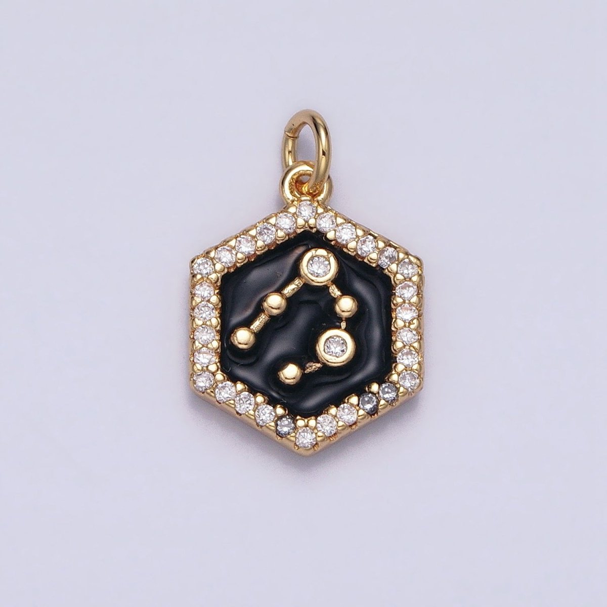 16K Gold Filled Mini Zodiac Sign Birth Star Constellation Black Enamel Hexagonal Hammered Add-On Charm | AD395 - AD406 - DLUXCA