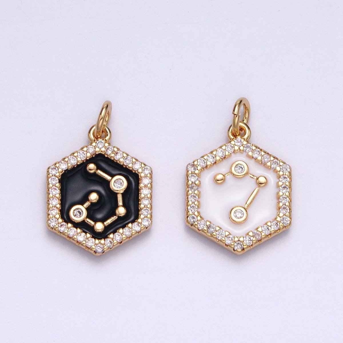 16K Gold Filled Mini Zodiac Sign Birth Star Constellation Black Enamel Hexagonal Hammered Add-On Charm | AD395 - AD406 - DLUXCA