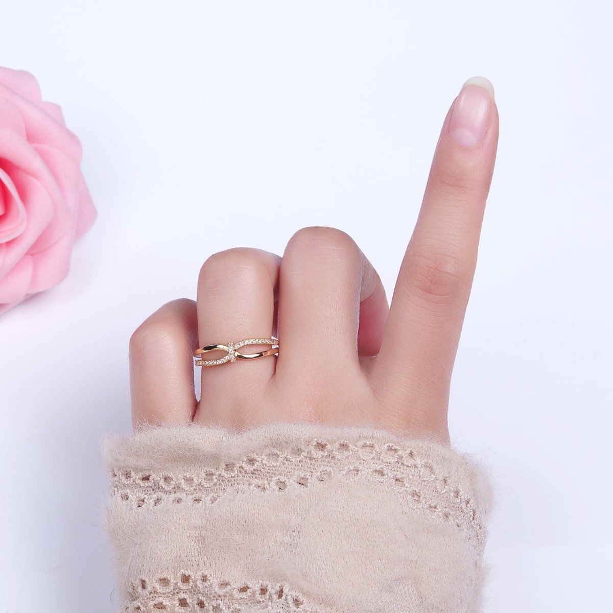 16K Gold Filled Mirco Paved Knot Double Band Ring in Gold & Silver | O-1629 O-1630 - DLUXCA