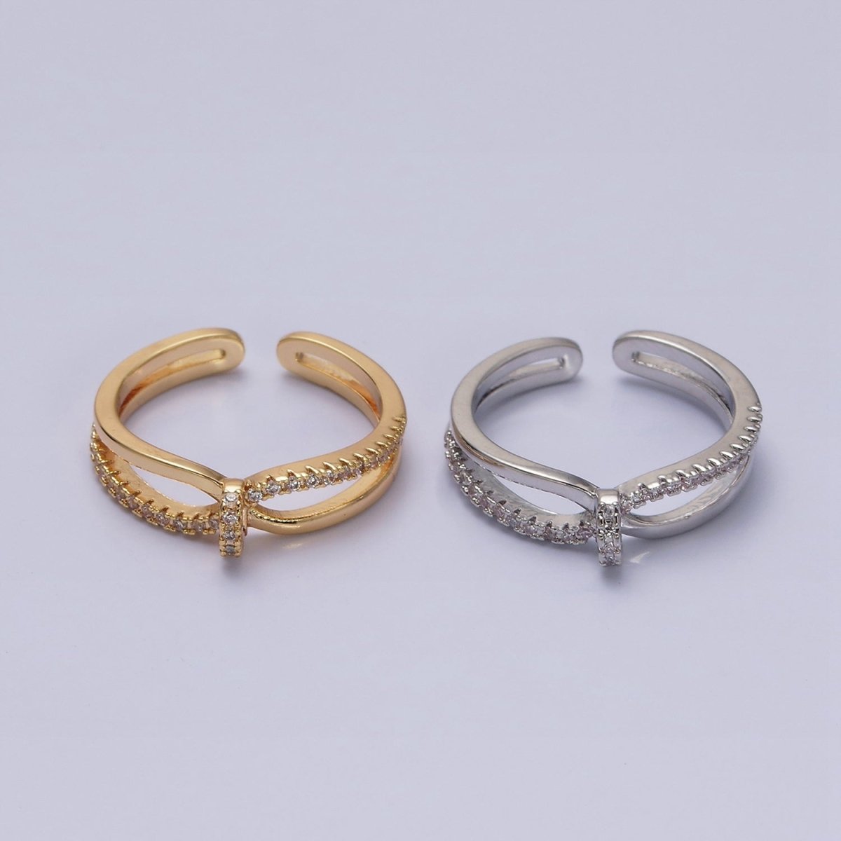 16K Gold Filled Mirco Paved Knot Double Band Ring in Gold & Silver | O-1629 O-1630 - DLUXCA