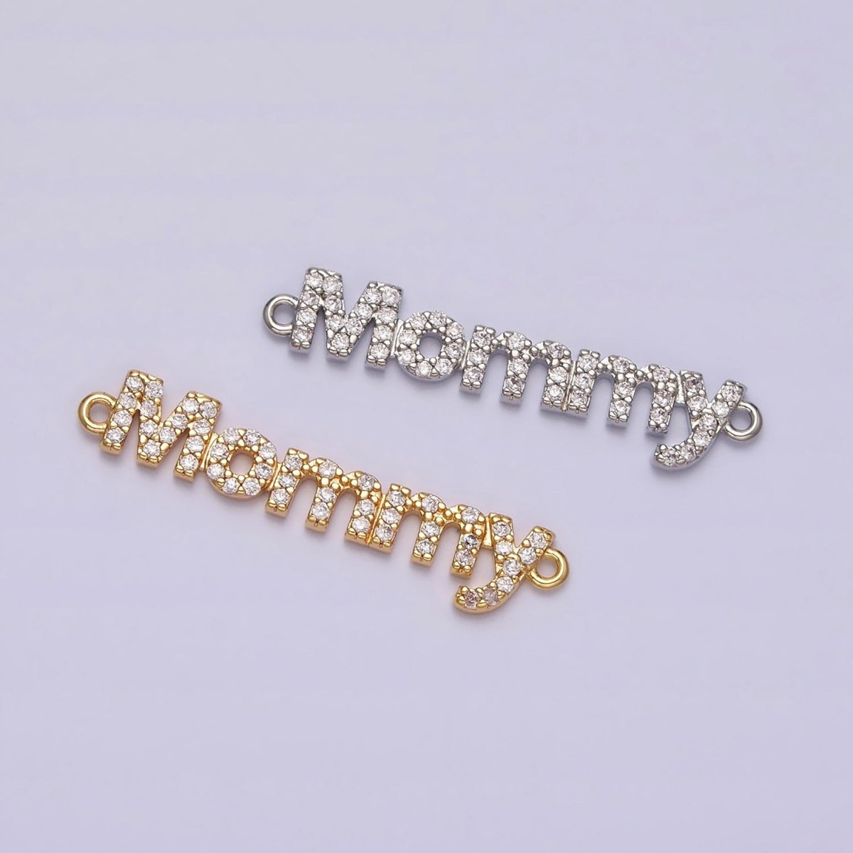 16K Gold Filled Mommy Script Micro Paved CZ Connector in Gold & Silver mama mother day gift | AA1091 AA1092 - DLUXCA