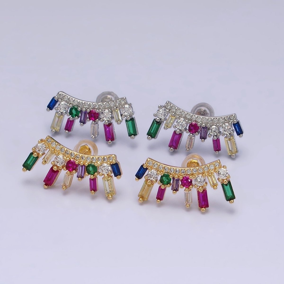 16K Gold Filled Multicolor CZ Baguette Round Fan Lined Stud Earrings | AD1163 AD1164 - DLUXCA