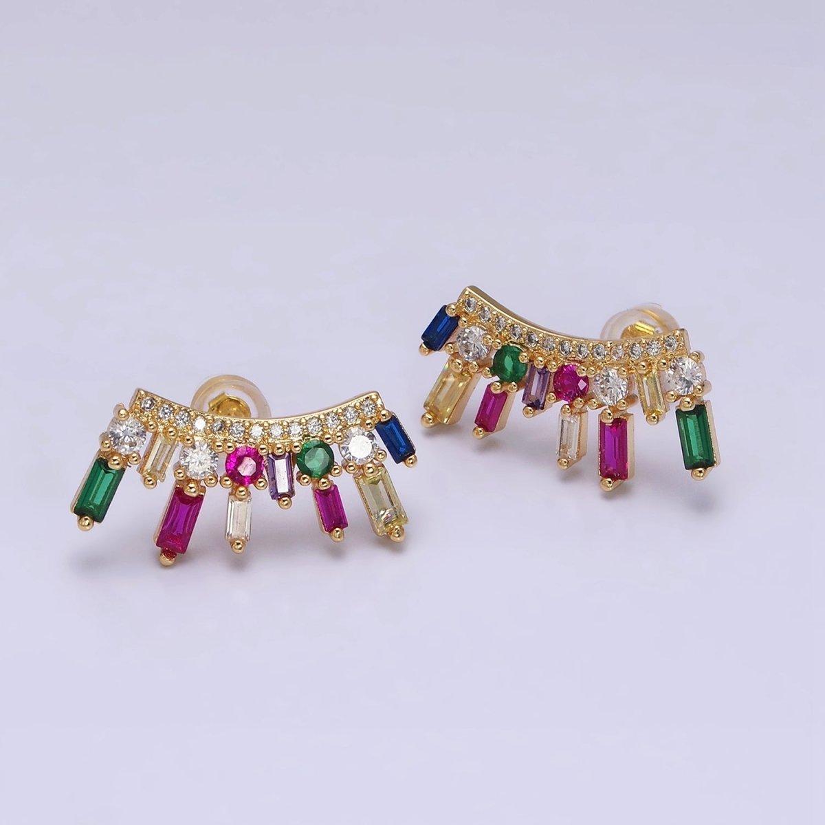 16K Gold Filled Multicolor CZ Baguette Round Fan Lined Stud Earrings | AD1163 AD1164 - DLUXCA