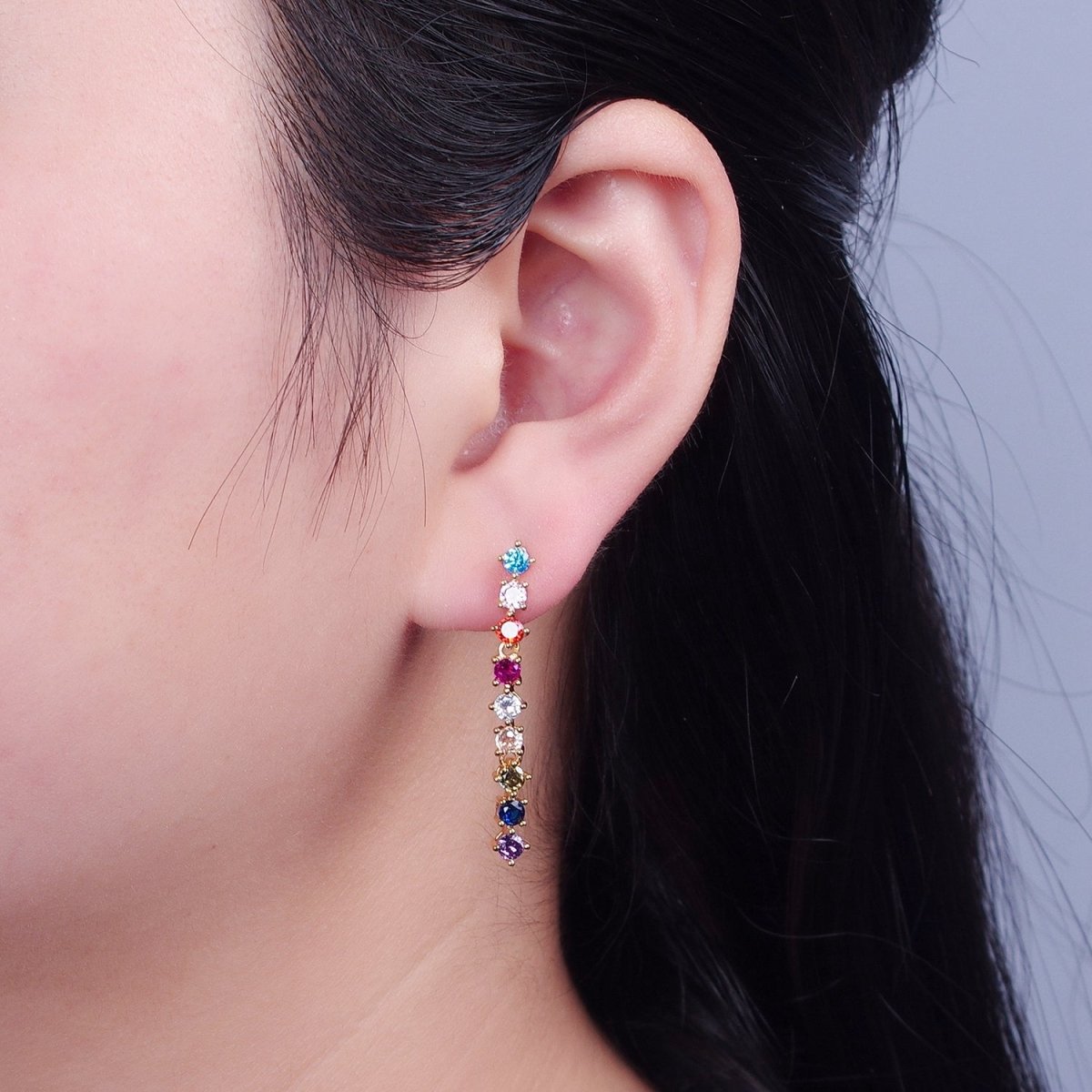 16K Gold Filled Multicolor CZ Linear Drop Dangle Stud Earrings | T-501 - DLUXCA