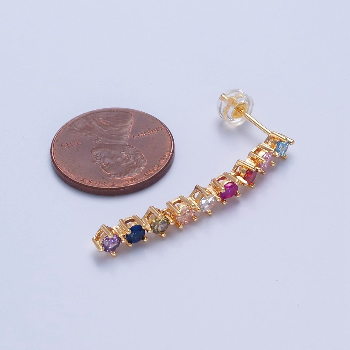 16K Gold Filled Multicolor CZ Linear Drop Dangle Stud Earrings | T-501 - DLUXCA