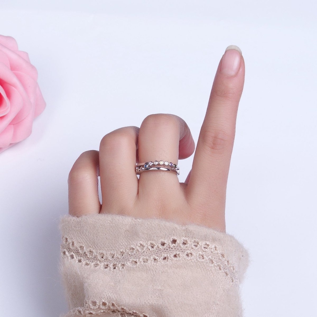 16K Gold Filled Multicolor Round CZ Double Band Ring in Gold & Silver | O-1914 O-1915 - DLUXCA