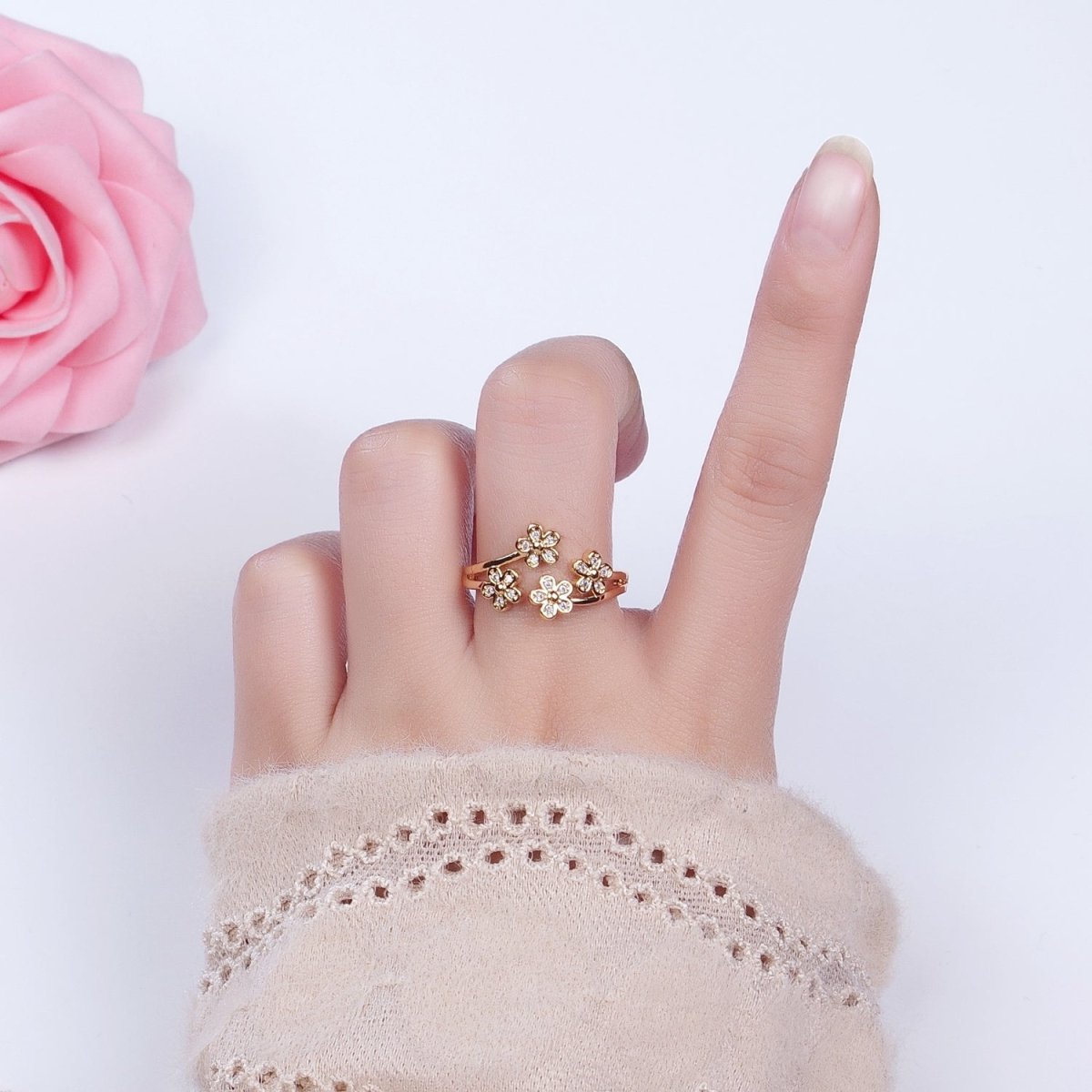 16K Gold Filled Multiple Daisy Flower Clear CZ Open Adjustable Ring | O-1781 O-1782 - DLUXCA