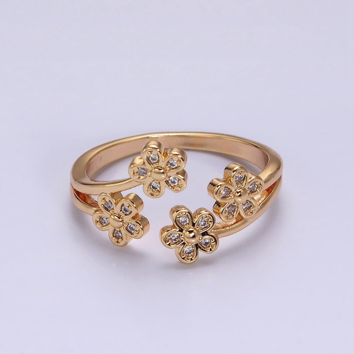 16K Gold Filled Multiple Daisy Flower Clear CZ Open Adjustable Ring | O-1781 O-1782 - DLUXCA