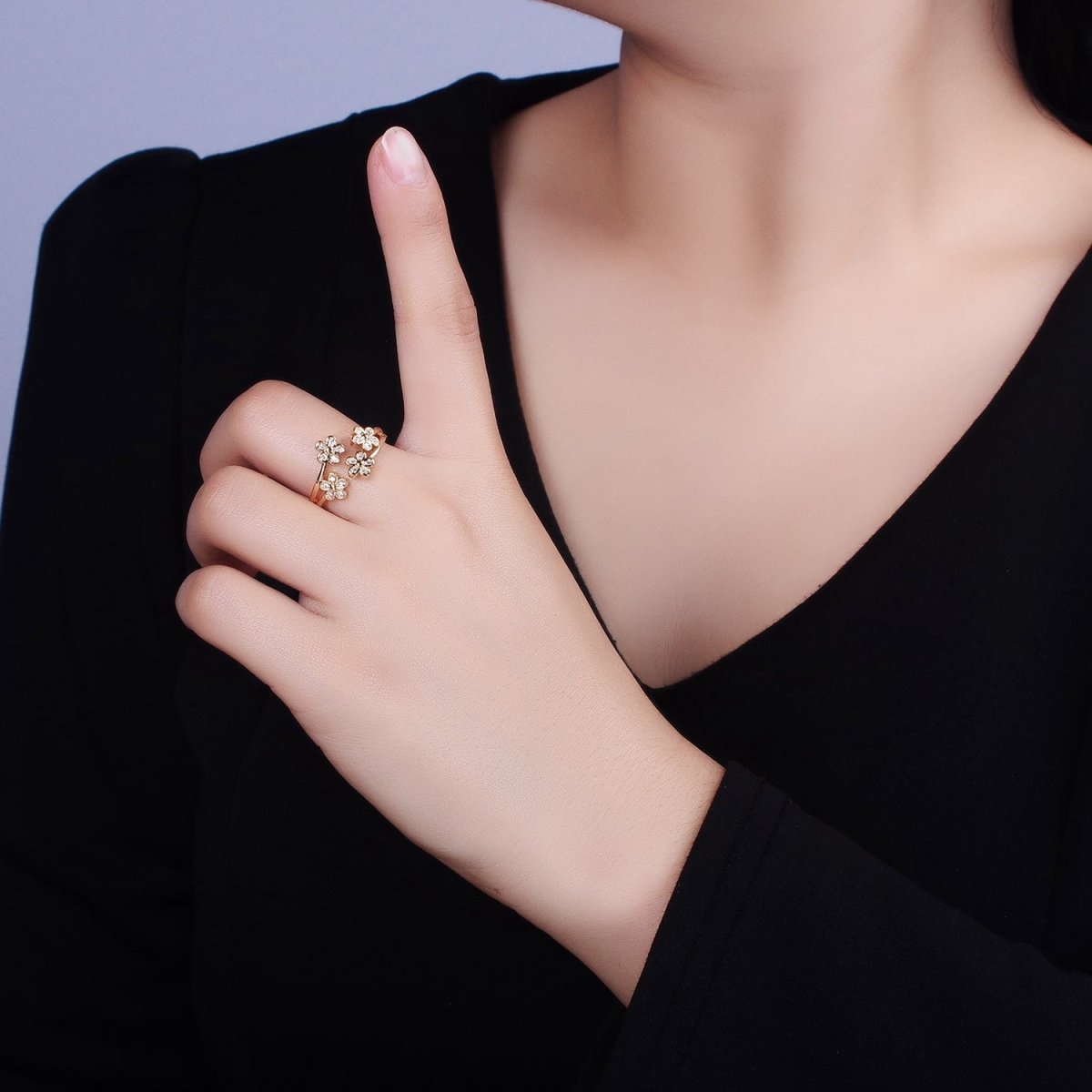 16K Gold Filled Multiple Daisy Flower Clear CZ Open Adjustable Ring | O-1781 O-1782 - DLUXCA