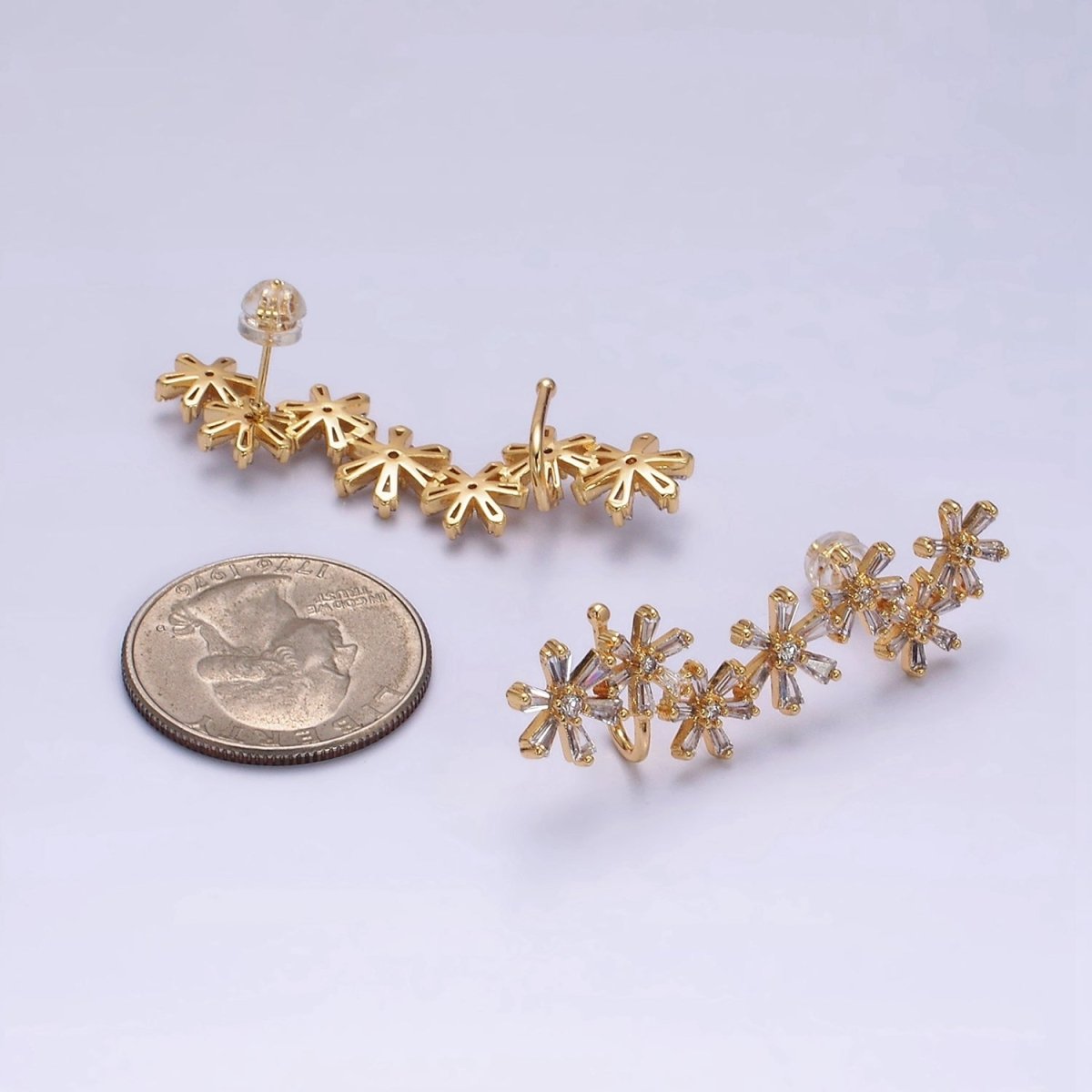 16K Gold Filled Multiple Flower Baguette Ear Crawler Cuff Stud Earrings in Gold & Silver | AI017 AI018 - DLUXCA