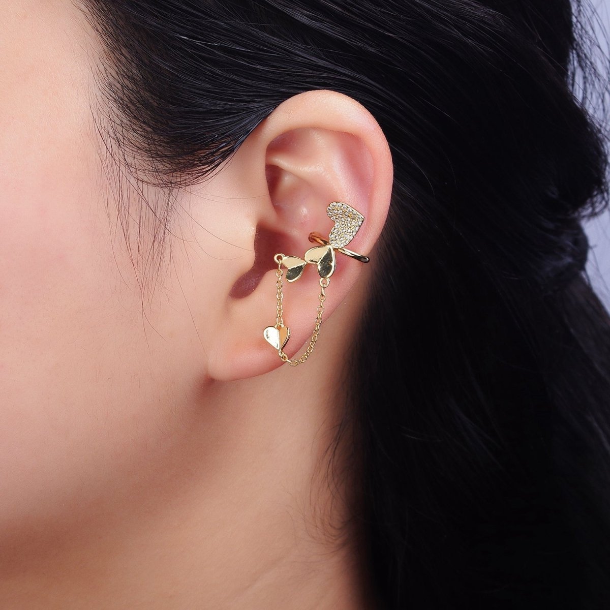 16K Gold Filled Multiple Hearts Micro Paved CZ Rolo Chain LEFT Ear Cuff Earrings in Gold & Silver AI-146 AI-147 - DLUXCA