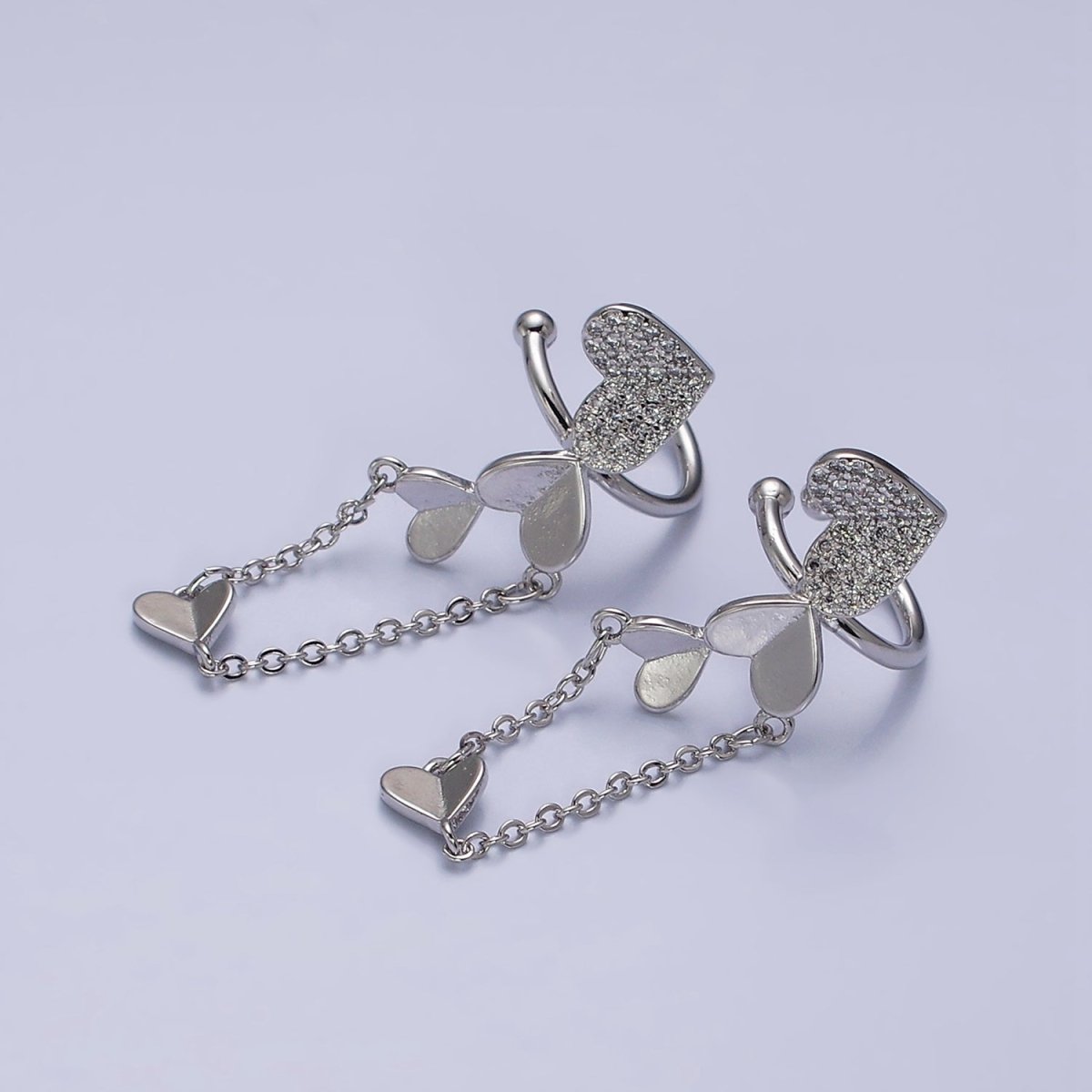 16K Gold Filled Multiple Hearts Micro Paved CZ Rolo Chain LEFT Ear Cuff Earrings in Gold & Silver AI-146 AI-147 - DLUXCA