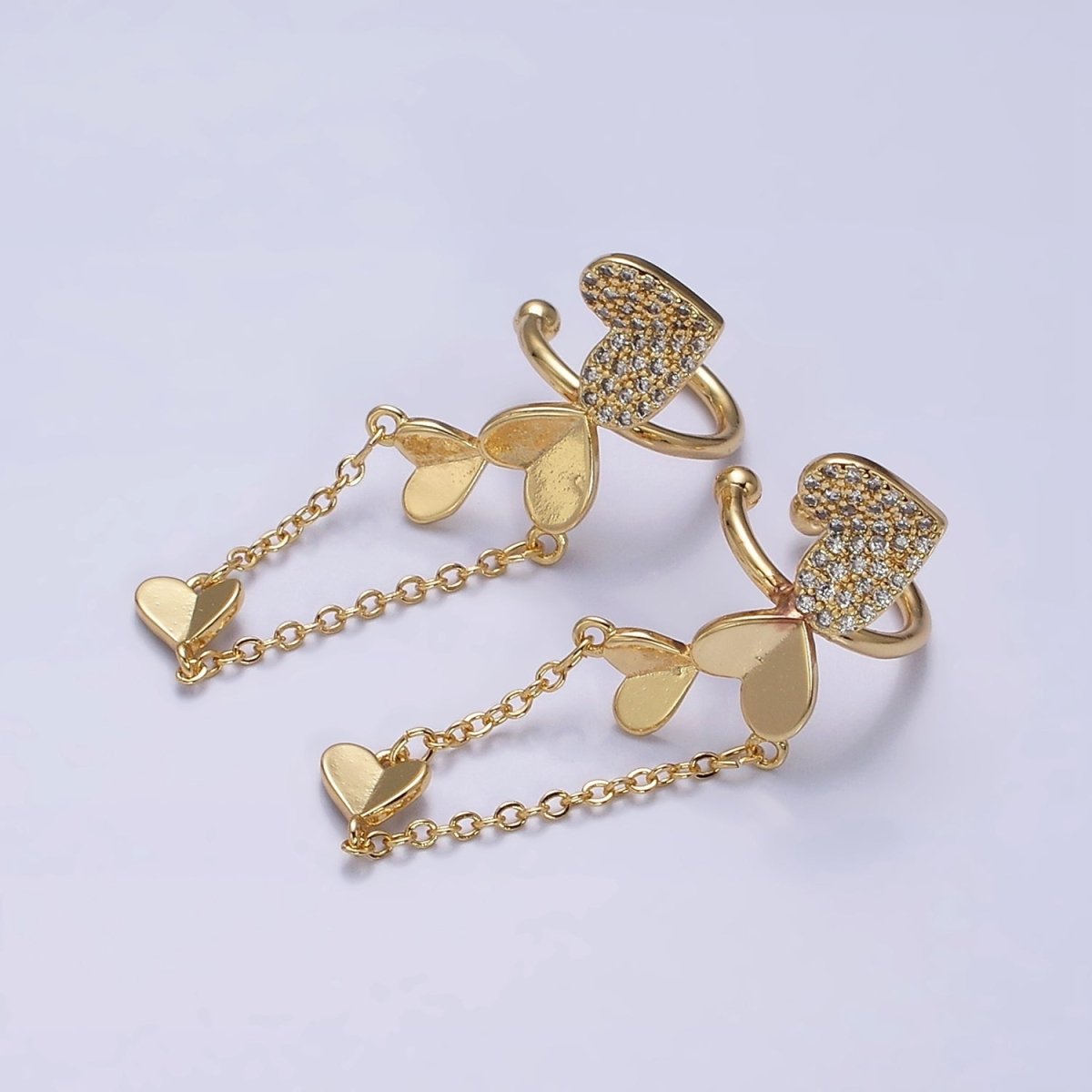 16K Gold Filled Multiple Hearts Micro Paved CZ Rolo Chain LEFT Ear Cuff Earrings in Gold & Silver AI-146 AI-147 - DLUXCA