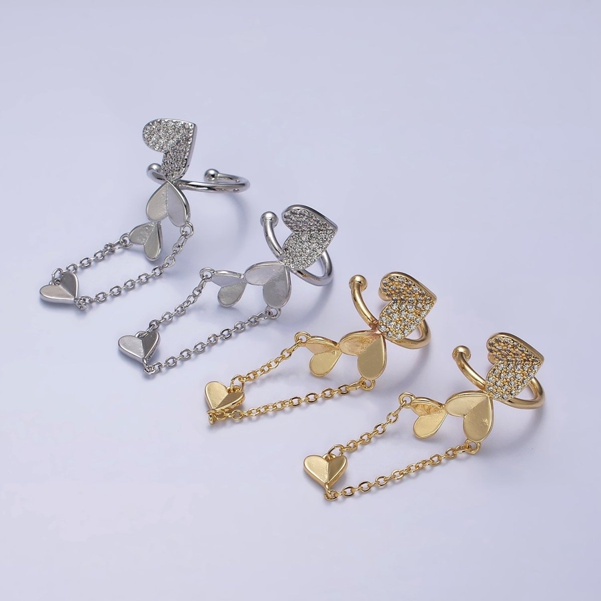 16K Gold Filled Multiple Hearts Micro Paved CZ Rolo Chain LEFT Ear Cuff Earrings in Gold & Silver AI-146 AI-147 - DLUXCA