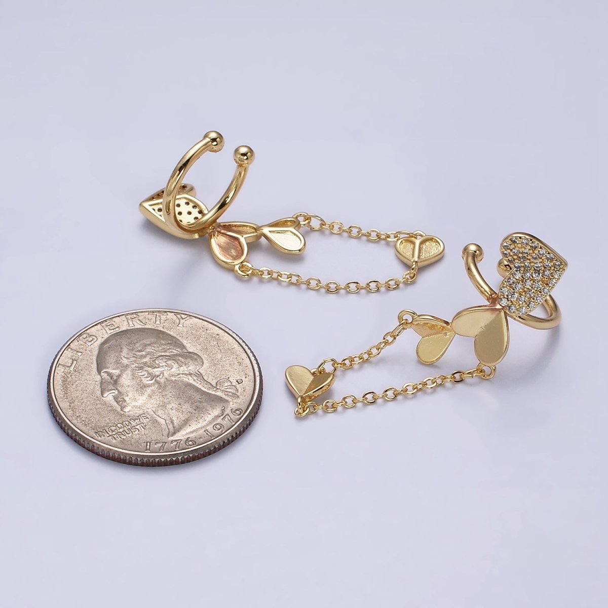 16K Gold Filled Multiple Hearts Micro Paved CZ Rolo Chain LEFT Ear Cuff Earrings in Gold & Silver AI-146 AI-147 - DLUXCA