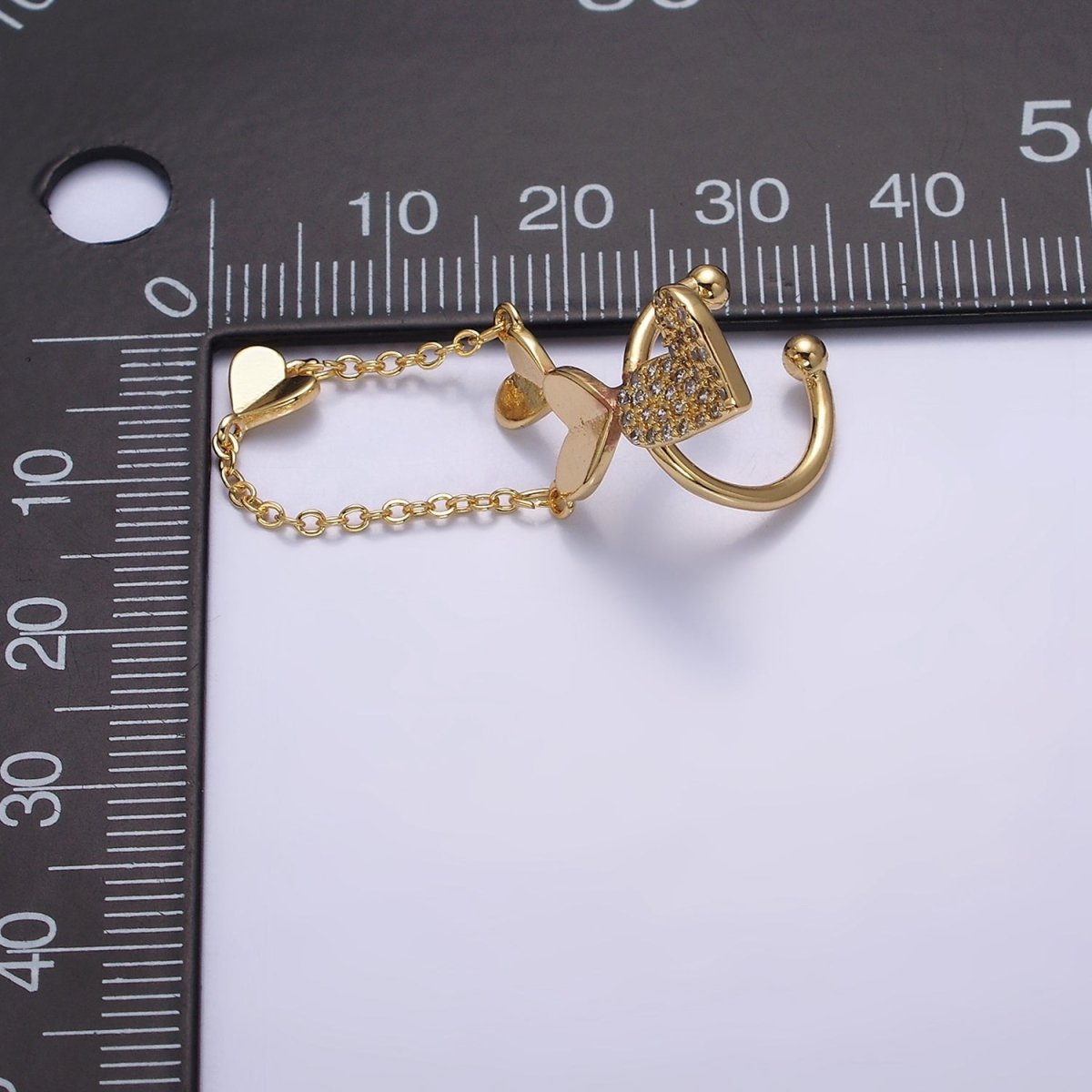 16K Gold Filled Multiple Hearts Micro Paved CZ Rolo Chain LEFT Ear Cuff Earrings in Gold & Silver AI-146 AI-147 - DLUXCA