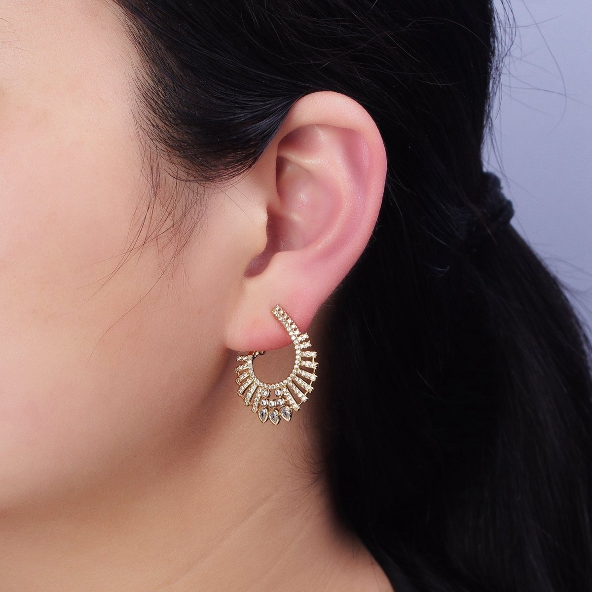 16K Gold Filled Multiple Micro Paved CZ Bar Teardrop Lined Front-Facing Hinge Earrings in Gold & Silver | AD1092 AD1093 - DLUXCA