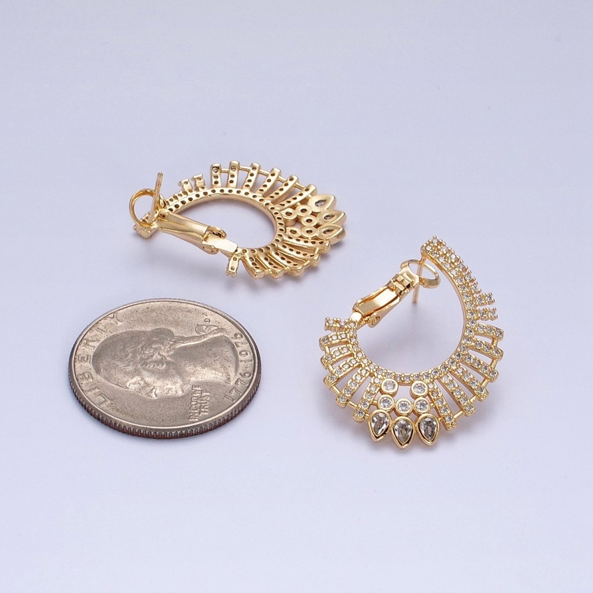 16K Gold Filled Multiple Micro Paved CZ Bar Teardrop Lined Front-Facing Hinge Earrings in Gold & Silver | AD1092 AD1093 - DLUXCA