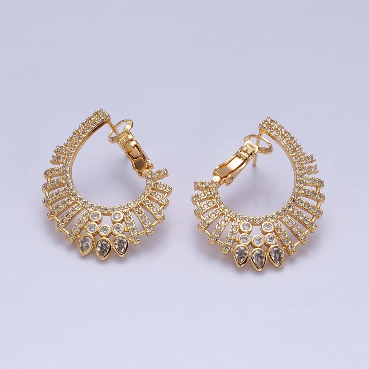 16K Gold Filled Multiple Micro Paved CZ Bar Teardrop Lined Front-Facing Hinge Earrings in Gold & Silver | AD1092 AD1093 - DLUXCA