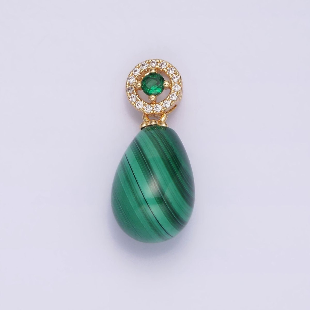 16K Gold Filled Natural Gemstone Malachite Drop Micro Paved CZ Green Round Bail | AA614 - DLUXCA